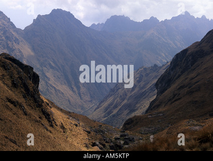 Looking down to the Llullucha Valley from Dead Woman's Pass (Warmiwanusca) on the Inca Trail Peru Stock Photo