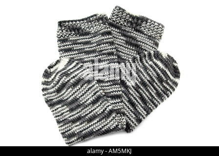 'Hand knitted' Grey and white woollen hand knitted thick tube socks Stock Photo