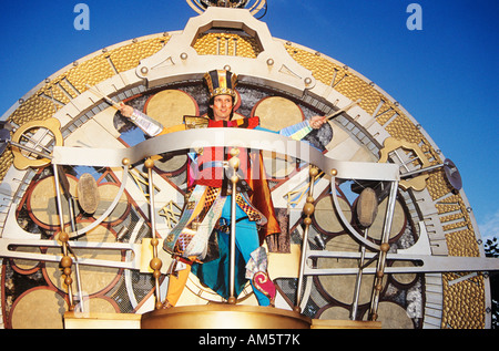 Drummer on a clock shaped float in parade, Disney MGM Studios, Orlando, Florida, USA Stock Photo