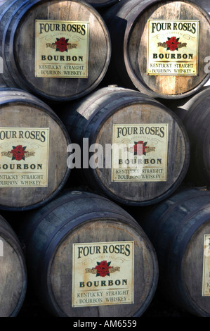 Stacked barrels of Four Roses bourbon whiskey at Kentucky distillery Stock Photo