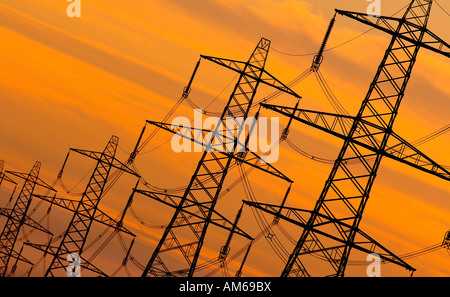 Silhouettes of several overhead power lines stretch through a golden sky sunset sky into the distance. Stock Photo