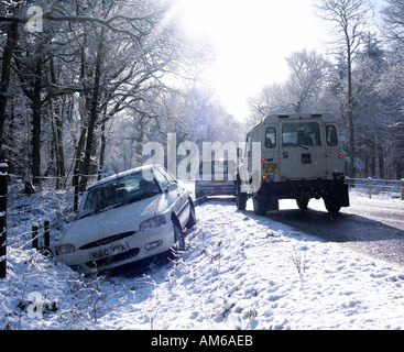 A car skidded off the road in the snow Stock Photo