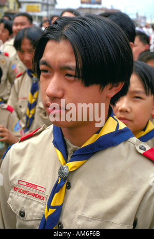 Boy scout age 15 in uniform at Asian American Festival. St Paul Minnesota USA Stock Photo