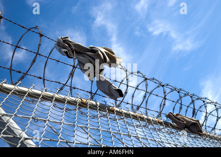 Chain linked security fence with barbed razor wire. Stock Photo
