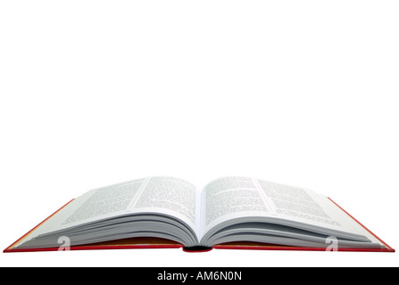 An open hardback text book isolated on a white background. Stock Photo