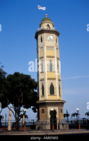 Moorish style clock tower on the Malecon 2000 pedestrian walkway in Guayaquil, Ecuador Stock Photo