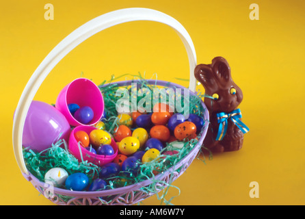 A sectarian, non-religious Easter image of some of the things kids worldwide go for: candy, goodies, bunnies and Easter eggs. Stock Photo