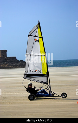 Jersey ,Channel Islands UK on Five Mile Beach at St Ouen's landyacht beaches La Rocco Tower  Blo Karting Stock Photo