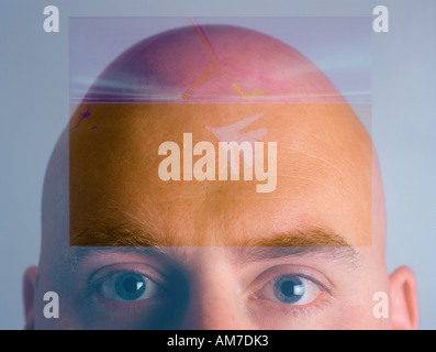 Aerospace Engineer with superimposed display of jet on face Australia Stock Photo