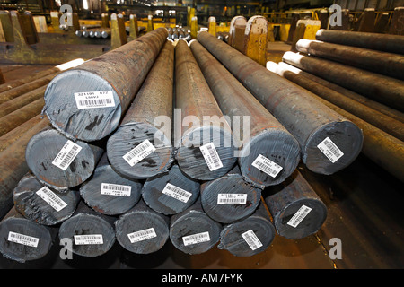 Ready continuous casting round steel with barcode at steelworks HKM, Duisburg-Ehingen, NRW, Germany Stock Photo