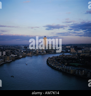 Canary Wharf River Thames at dusk London UK aerial view Stock Photo