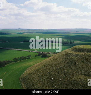 View over Silbury Hill to West Kennet Long Barrow Avebury World Heritage Site Wiltshire UK aerial view Stock Photo
