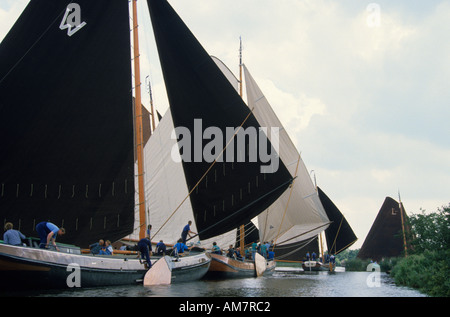 Netherlands Friesland Fryslan Skutsjesilen Race Competition 100 years old sailing Barge Stock Photo