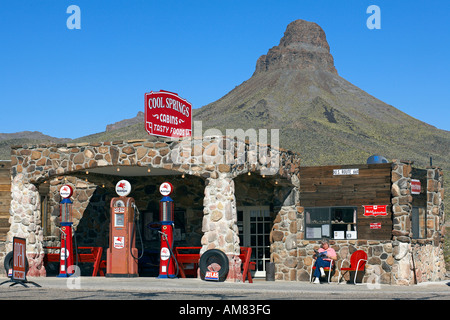 United States, Arizona, Route 66, Kingman, Cool Springs shop, Betsy Miller, the owner sitting Stock Photo