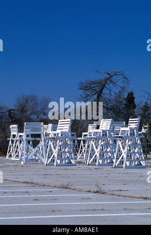 Big Chairs Group of lifeguard towers waiting for summer Jones Beach New York USA Stock Photo