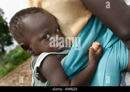 Fada N Gourma Burkina Faso August 23rd 2005 A baby eats a carrot like sweet potato whilst carried in sling on his mothers bac Stock Photo