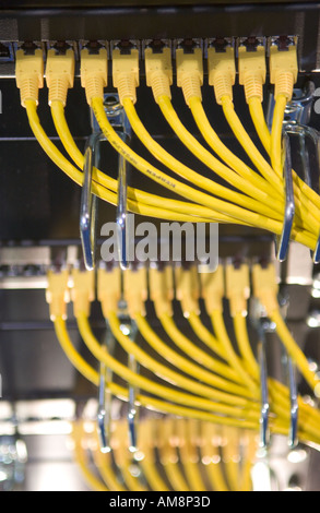 yellow ethernet cables connect black ethernet hubs Stock Photo