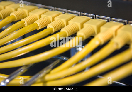 yellow ethernet cables connect black ethernet hubs Stock Photo