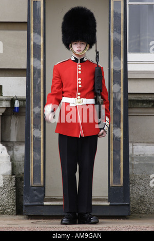 A member of the Scots Guards stands watch in the forecourt of Buckingham Palace, London. Stock Photo