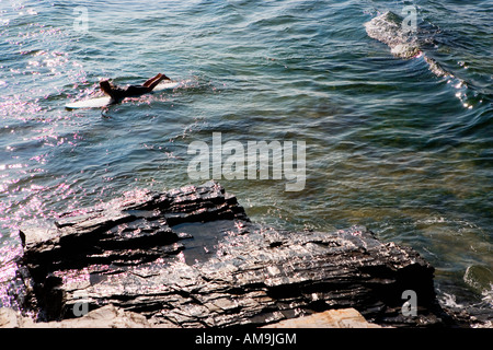 Woman lying on surfboard in the water. Stock Photo