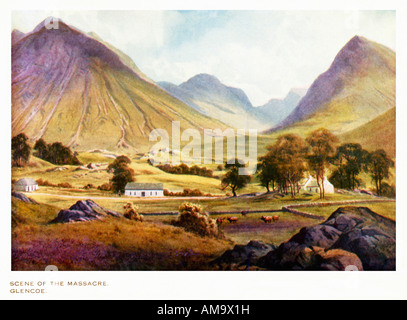 Glencoe Edwardian painting of the site of the infamous 1692 massacre of the MacDonald clan in Glen Coe Argyll by the Campbells Stock Photo