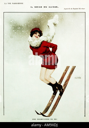 Il Neige En Suisse Vie Parisienne illustration by Raphael Kirchner of a skiing champion apparently it snows in Switzerland Stock Photo