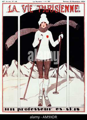 Professeur Es Skis French 1920s illustration of a lady skier on the cover of magazine La Vie Parisienne Stock Photo