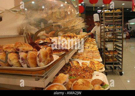 Chinese products and supermarket Clean designs and full shelves with interesting packaging Stock Photo