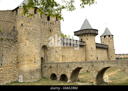 The main entrance into the internal fortress castle of carcasonne in south france over the moat Stock Photo