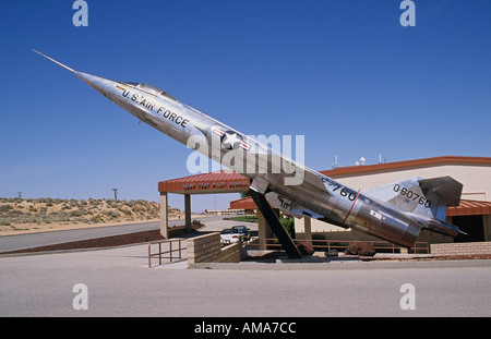 California Edwards Air Force Base USAF Test Pilot School building exterior F 104A Starfighter on display Stock Photo