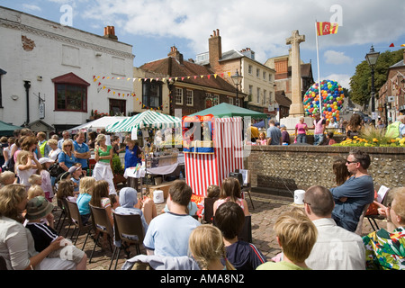 West Sussex South Downs NP Arundel High Street Town and Country street Fair Punch Judy show Stock Photo