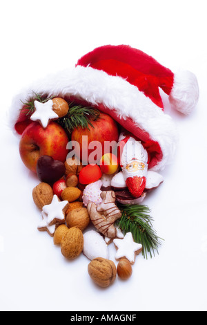 Santa Claus hat with fruits, close-up Stock Photo