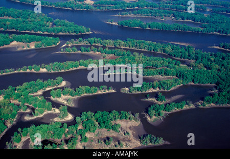 aerial of Mississippi River, Upper Mississippi River National Fish and Wildlife Refuge, Iowa and Wisconsin USA Stock Photo