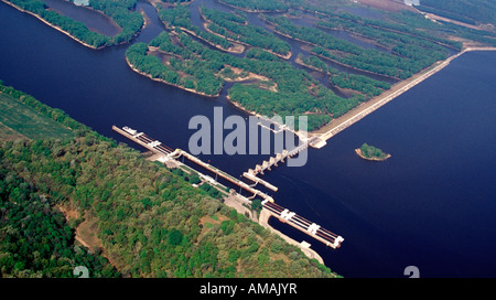 aerial of Lock & Dam number 9 on the Mississippi River, Upper Mississippi River National Fish and Wildlife Refuge Stock Photo