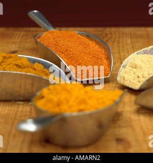 Curry, curcuma, white pepper and chilli powder in scoop, close-up Stock Photo