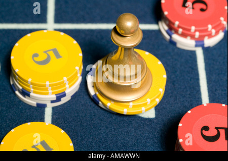 Roulette Win Marker on stack of gambling chips Stock Photo