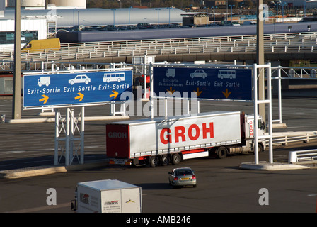 Calais cross channel ferry terminal installations exit roads being used by vehicles just departing ferries from Dover England UK Stock Photo