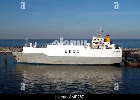 Calais roll on roll off car transport ship UECC Autocarrier at dockside specially built to handle import and export of new cars Stock Photo