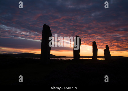 dh Neolithic standing stones RING OF BRODGAR ORKNEY Orange pink grey sunset cloudy dusk sky world heritage site bronze age unesco monument henge uk