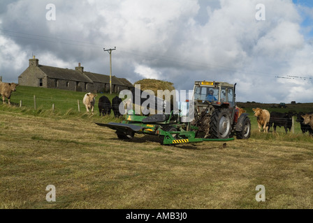 dh  HARVESTING UK Tractor rapping machinery dry silage grass bales and cottage Orphir Orkney wrap cover farmer round bale wrapper Stock Photo