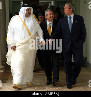 Sheikh Hamad Bin Khalifa Al Thani Emir of Qatar meets with President Bush at the White House in Washington