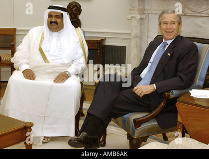 Sheikh Hamad Bin Khalifa Al Thani Emir of Qatar meets with President Bush at the White House in Washington Stock Photo