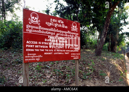 Mine warning at Temple. Angkor Wat, Siem Reap, Cambodia. Stock Photo