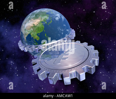 Globe With Gears and Yen Sign Stock Photo