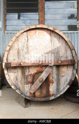 Head and door of large cask lying on its side detail Rutherglen Victoria  Australia Stock Photo