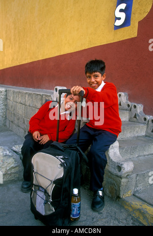 2 Mexican boys, two Mexican boys, 2, two, Mexican boys, boys, young boys, little boys, children, students, Oaxaca de Juarez, Oaxaca State, Mexico Stock Photo