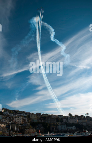 the red arrows stunt team fly upwards in formation over fowey harbour for yearly regatta Stock Photo