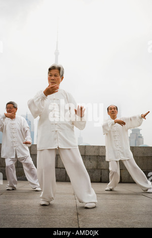Group doing tai chi outdoors with city skyline in background Stock Photo