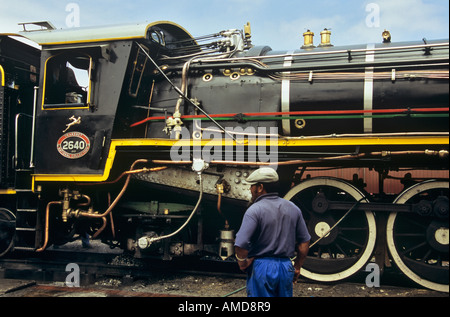 STEAM ENGINE TOOTSIE in STATION The Outeniqua Choo Tjoe Class 19D locomotive maintenance check by black engineer. Knysna Western Cape South Africa Stock Photo