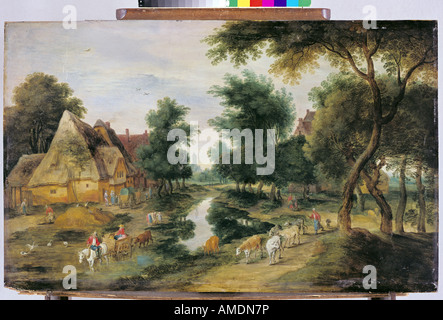 fine arts, Brueghel, Jan the Elder (1568 - 13.1.1625), painting, Village road with pond, 16th century / 17th century, State Gallery, Hanover, Germany, Artist's Copyright has not to be cleared Stock Photo
